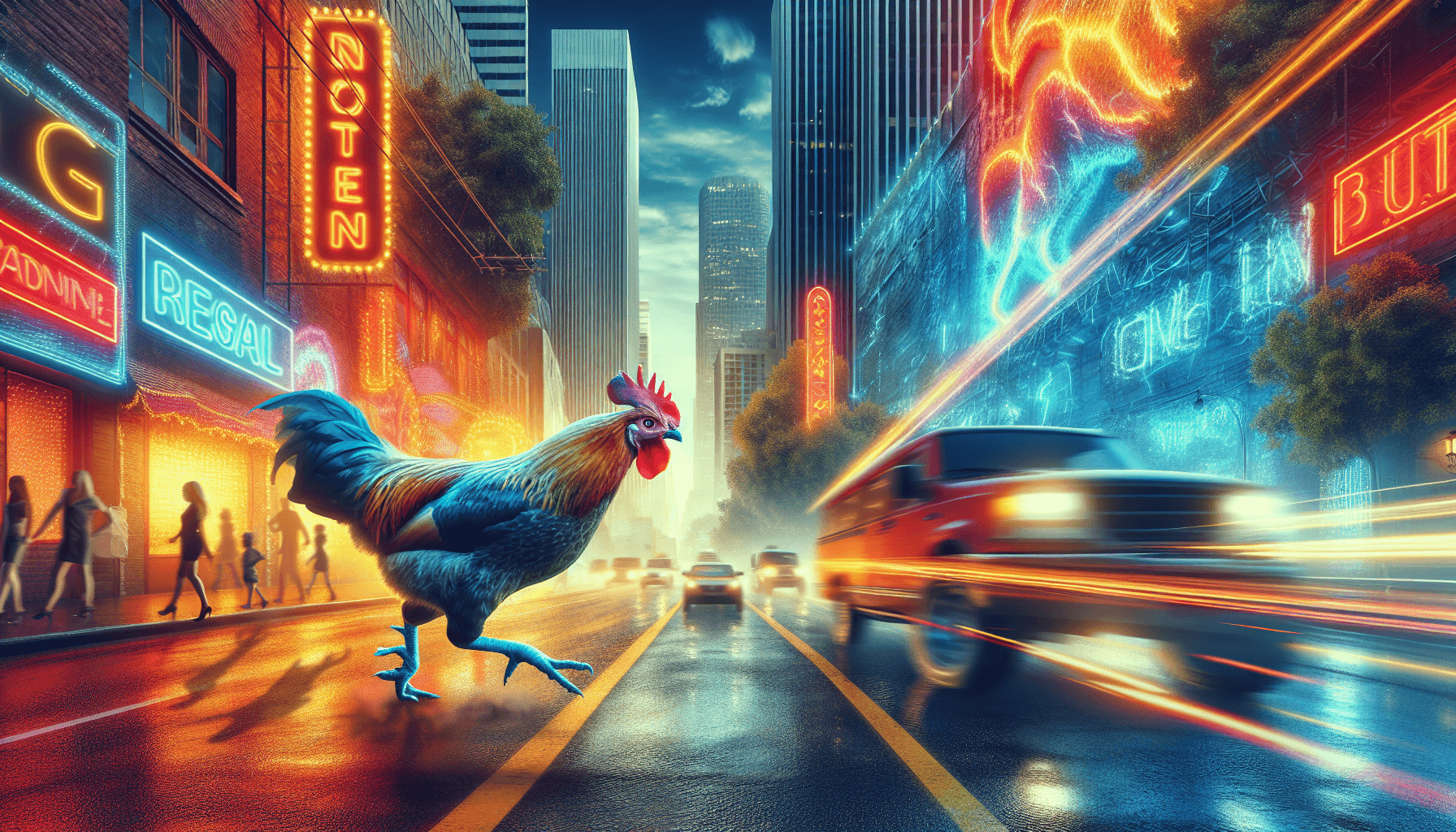 Hero image of a chicken crossing a busy urban road in Chicken Road